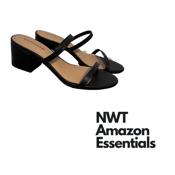 NWT | Amazon Essentials | Thin Two Strap Block Heel Black Sandals | Size 7.5 - Picture 1 of 6